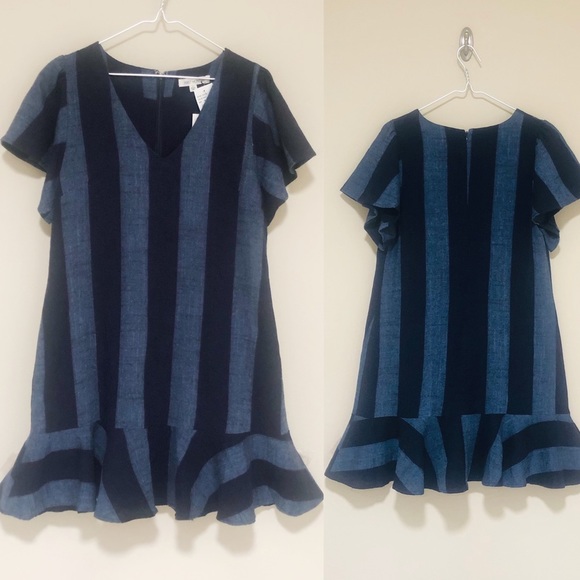 Navy Denim Blue Striped Ruffle Linen Shift Dress - Picture 2 of 8